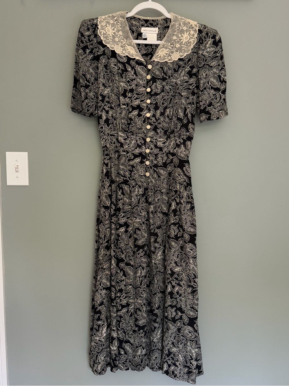 Vintage Jane Singer Black Cream Floral Cottagecore Button Front Midi Dress - Picture 1 of 14